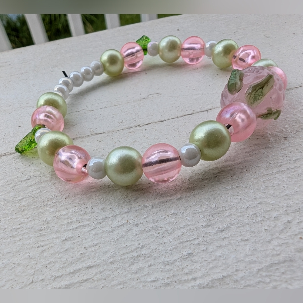 Strawberry Delight Bracelet, handmade, pink, green & strawberry